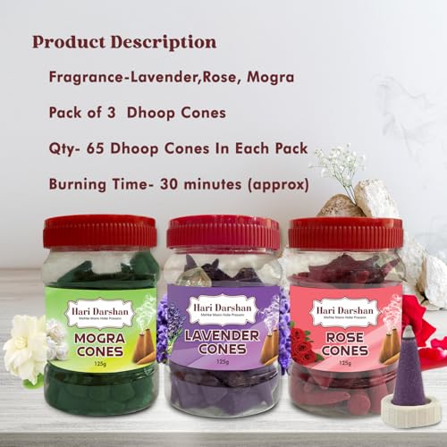 Hari Darshan Traditional Dhoop Cones Combo | Mogra Lavender Rose Fragrance | Chemical-Free Dhoop Cone Set for Pooja Meditation Yoga | Organic Long Lasting Dry Incense – Pack of 3 (125g Each) - Image 3
