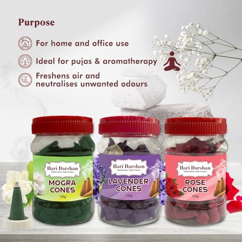 Hari Darshan Traditional Dhoop Cones Combo | Mogra Lavender Rose Fragrance | Chemical-Free Dhoop Cone Set for Pooja Meditation Yoga | Organic Long Lasting Dry Incense – Pack of 3 (125g Each) - Image 5