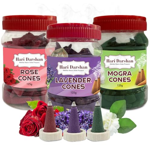 Hari Darshan Traditional Dhoop Cones Combo | Mogra Lavender Rose Fragrance | Chemical-Free Dhoop Cone Set for Pooja Meditation Yoga | Organic Long Lasting Dry Incense – Pack of 3 (125g Each) - Image 1