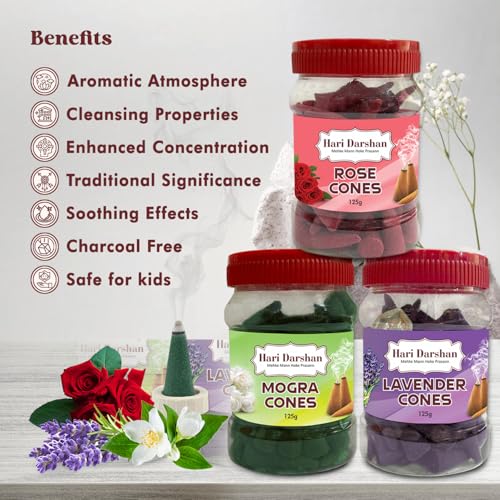 Hari Darshan Traditional Dhoop Cones Combo | Mogra Lavender Rose Fragrance | Chemical-Free Dhoop Cone Set for Pooja Meditation Yoga | Organic Long Lasting Dry Incense – Pack of 3 (125g Each) - Image 4