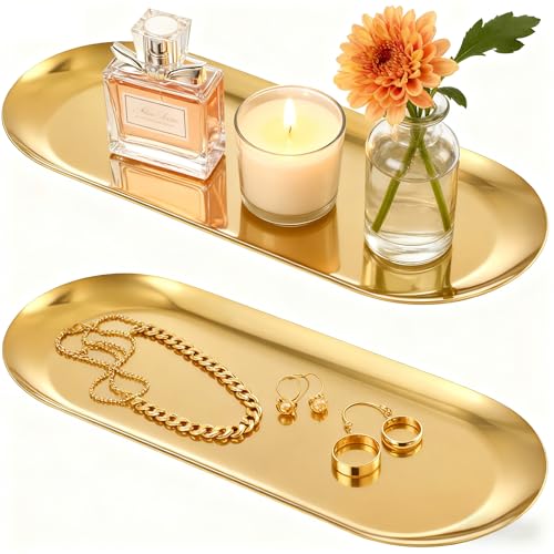 Wikapy 2PACK Gold Decorative Tray, Bathroom Vanity Tray for Dresser Counter, Stainless Steel Jewelry Dish Tray for Decor, Perfume Ring Key Candle Organizer Tray, Oval - Image 1