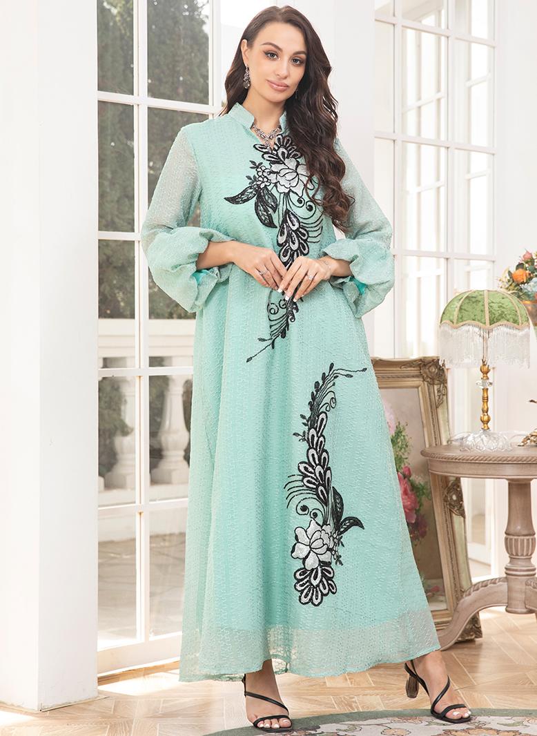 فرايديين لطيف طوق على شكل V تباين اللون الربط اللون الصامد صافي الغزل تطريز ضمادة كم الفانوس قفطان اخضر - Image 4