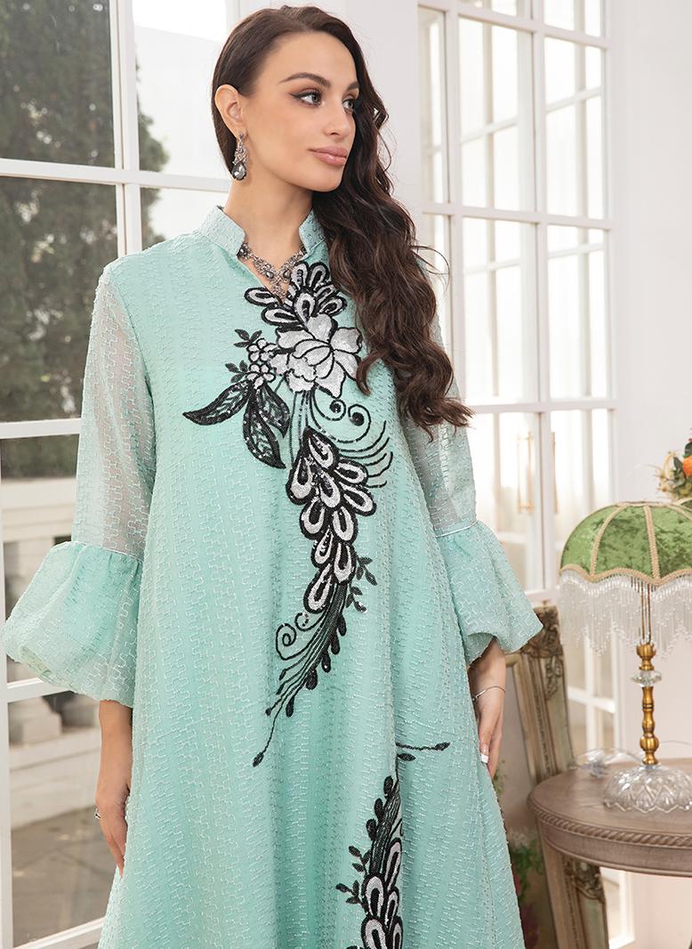 فرايديين لطيف طوق على شكل V تباين اللون الربط اللون الصامد صافي الغزل تطريز ضمادة كم الفانوس قفطان اخضر - Image 3