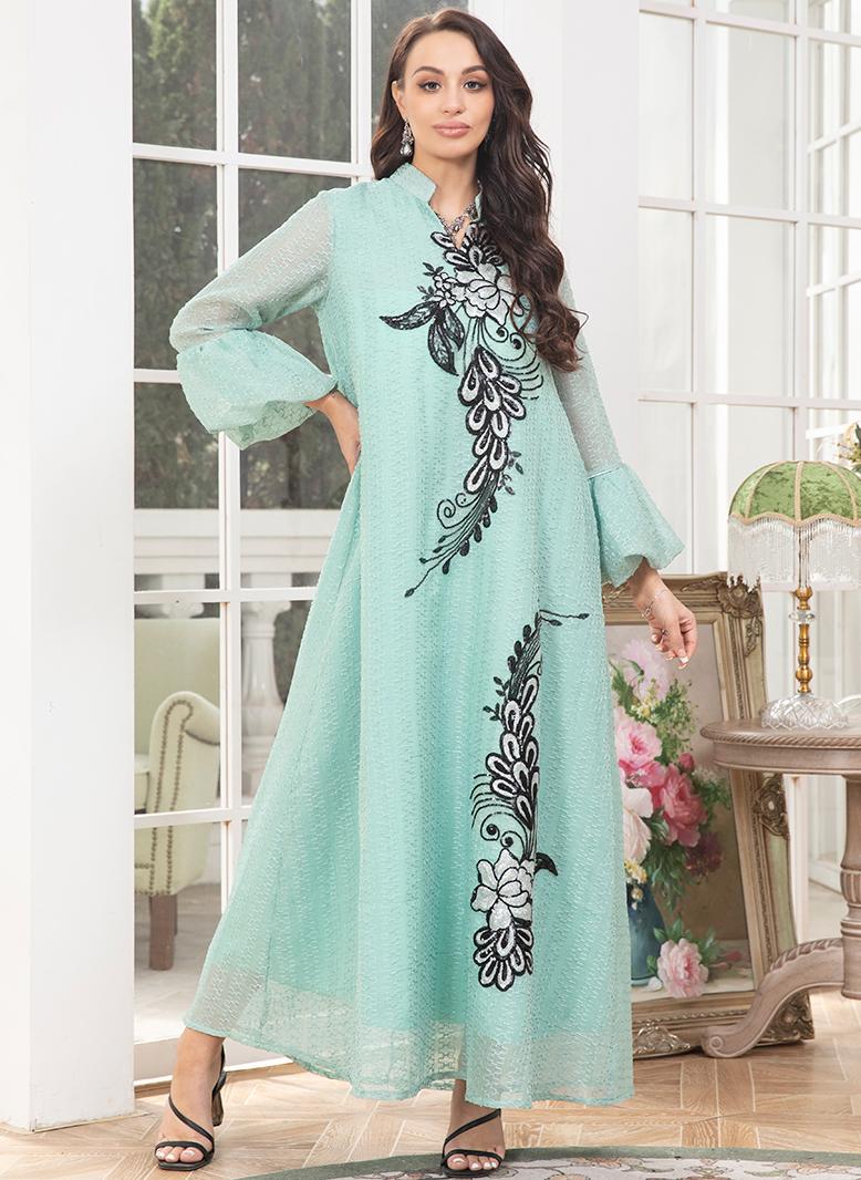 فرايديين لطيف طوق على شكل V تباين اللون الربط اللون الصامد صافي الغزل تطريز ضمادة كم الفانوس قفطان اخضر - Image 5