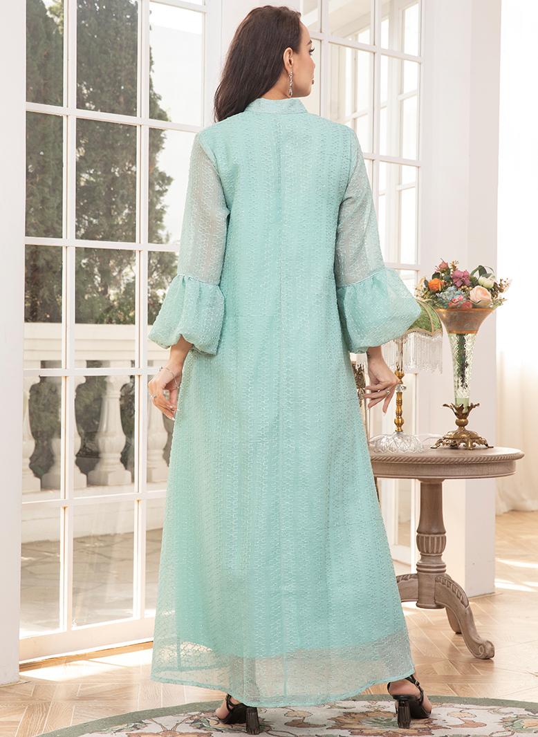 فرايديين لطيف طوق على شكل V تباين اللون الربط اللون الصامد صافي الغزل تطريز ضمادة كم الفانوس قفطان اخضر - Image 2