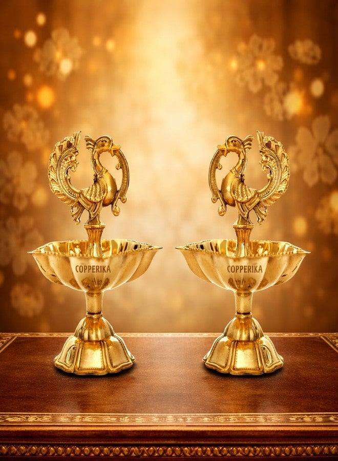 Copperika Premium Peacock Brass Diya Small Size 3Inc Height / 2.5inc Width (Pack of 2)| Weight 80gm | Kuthu Vilakku Decoration Items for Home | Deepam for Pooja Mandir Diwali Gift Item | Return Gift - Image 1