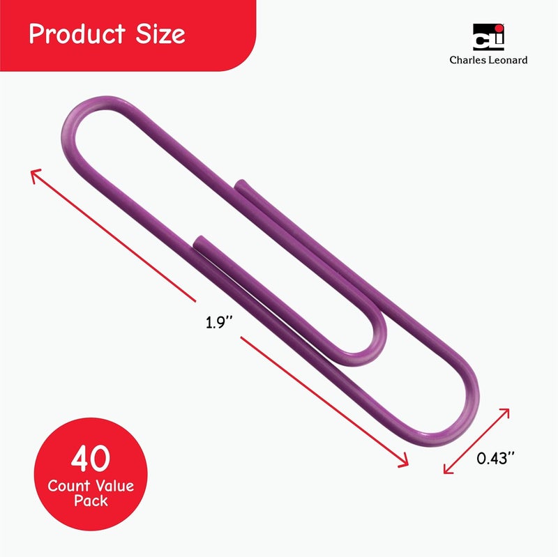 Charles Leonard Jumbo Vinyl Coated Paper Clips, Assorted Colors, 40-Pack - Image 2