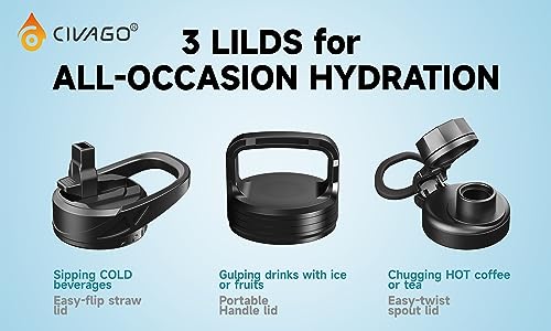 CIVAGO 40 oz Insulated Water Bottle With Straw Stainless Steel Sports Water Cup Flask with 3 Lids Straw Spout and Handle Lid Double Walled Travel Thermal Canteen Mug Dark Night - Image 3
