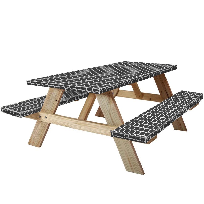 KENOBEE KENOBEE 6ft Picnic Table and Bench Cover Camping Essentials RV Gear 72 in Waterproof Windproof Outdoor Elastic All Around Tablecloth Fitted Rectangle Tables and Seats BlackWhite Moroccan 