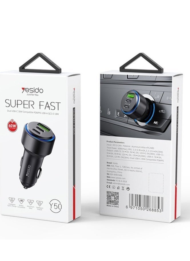 Yesido Y50 Super Fast Charging USB 3.0 USB-C Dual Car Charger - Image 4