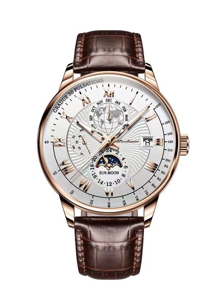 POEDAGAR Men’s Business Wristwatch – Roman Numerals, Mineral Glass, Waterproof, Triple-Hand with Moon Phase Display - Image 1