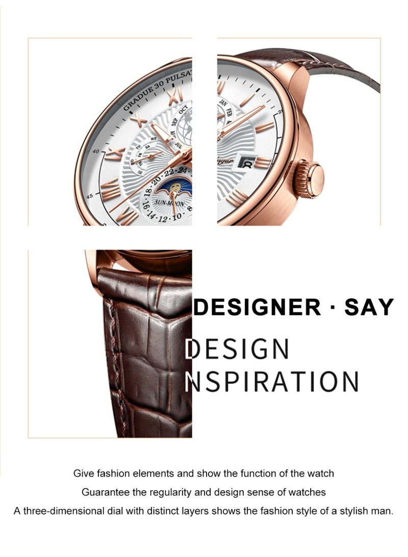 POEDAGAR Men’s Business Wristwatch – Roman Numerals, Mineral Glass, Waterproof, Triple-Hand with Moon Phase Display - Image 4