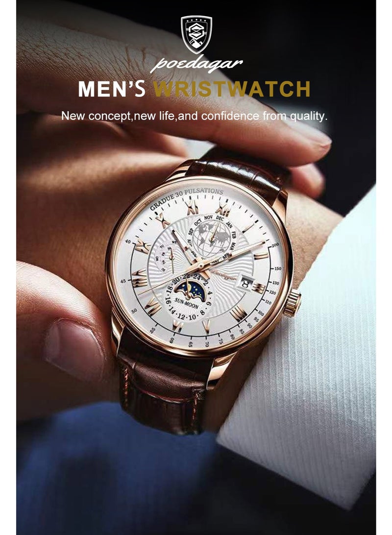 POEDAGAR Men’s Business Wristwatch – Roman Numerals, Mineral Glass, Waterproof, Triple-Hand with Moon Phase Display - Image 2