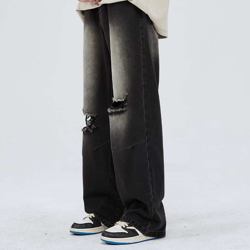 Trendy Brand Street Ripped Jeans Mens Straight American Vibe Retro Light Color Summer Loose Pants Black 