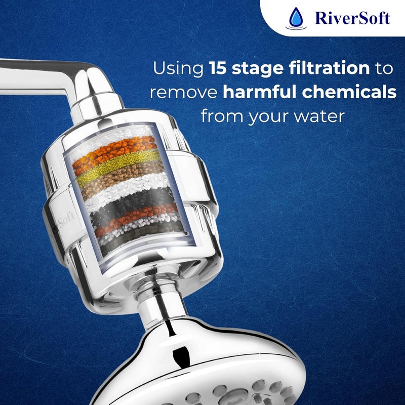 RiverSoft Mist shower set with SF-15 Pro filter for hard water | 6 spray settings with water saving mist flow | Water softener for bathroom (ABS, Chrome) - Image 2
