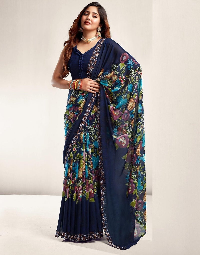Shiv Textiles Women's Georgette Printed Saree(520S107_Blue1) - Image 5