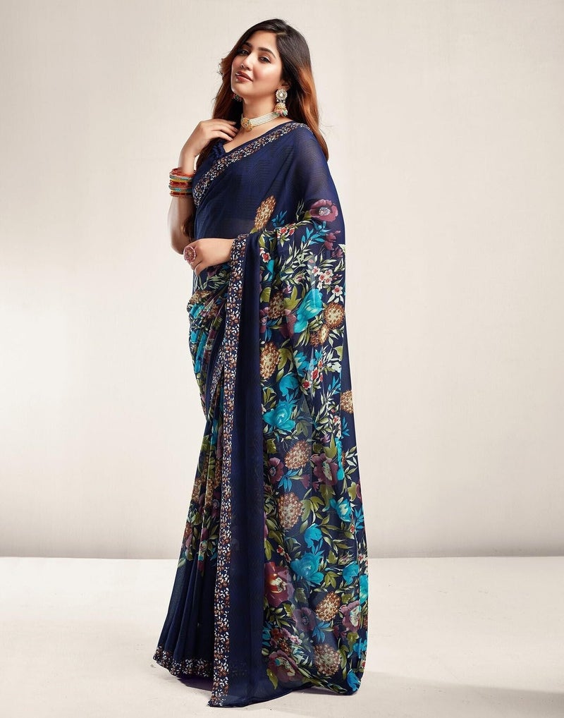 Shiv Textiles Women's Georgette Printed Saree(520S107_Blue1) - Image 3