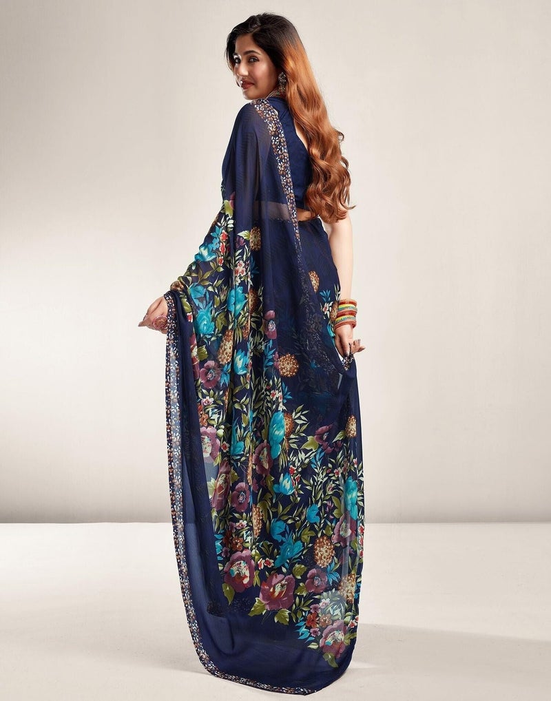 Shiv Textiles Women's Georgette Printed Saree(520S107_Blue1) - Image 4