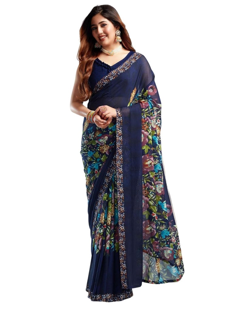 Shiv Textiles Women's Georgette Printed Saree(520S107_Blue1) - Image 1