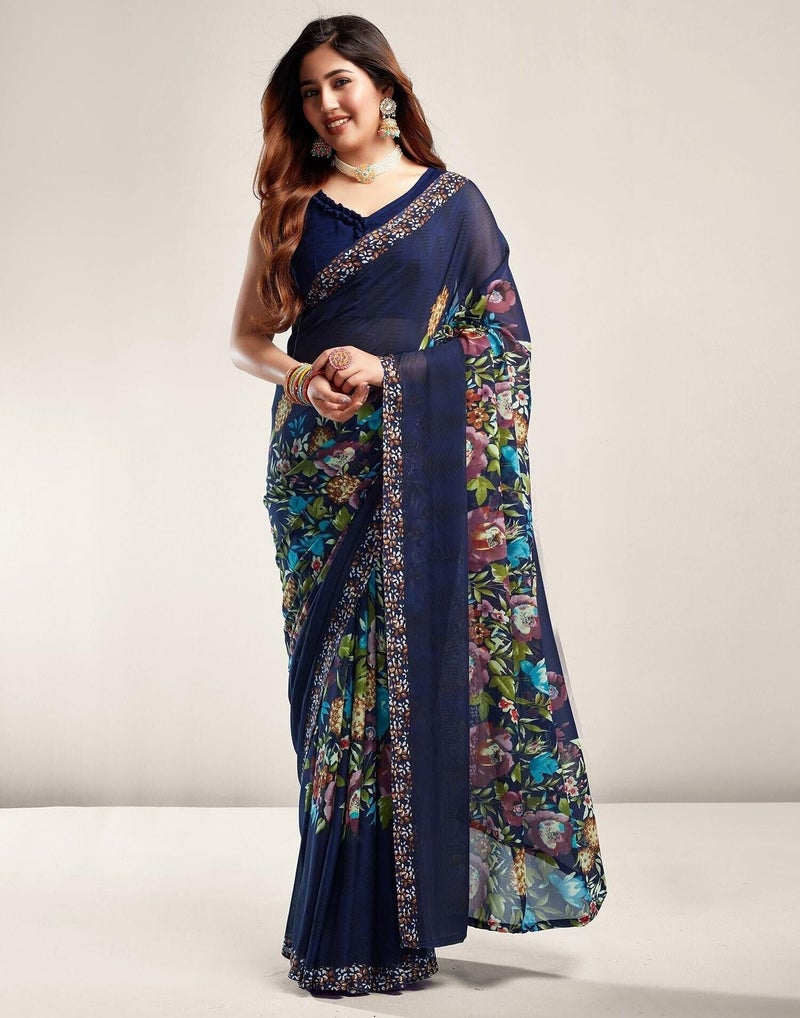Shiv Textiles Women's Georgette Printed Saree(520S107_Blue1) - Image 2
