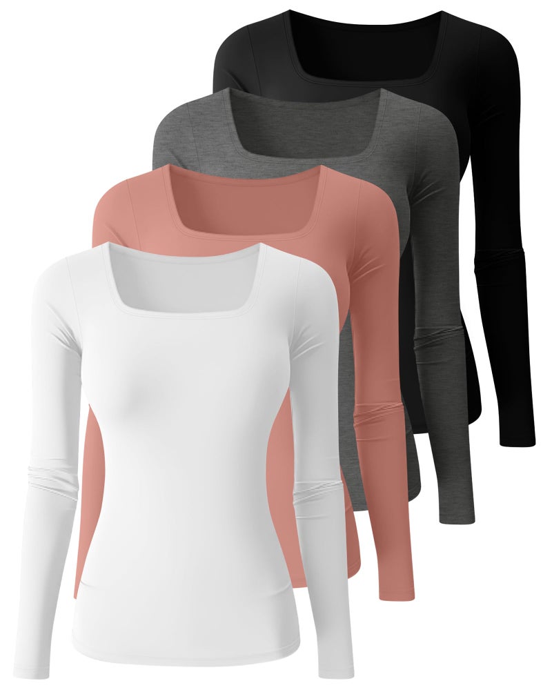 Riyiper 4 Pack Women's Square Neck Long Sleeve Tops Going Out Slim Fit Shirts Tight Layer Basic Tee 2026 Winter(Black, White, Marble Gray, Coral Pink,Medium) - Image 3
