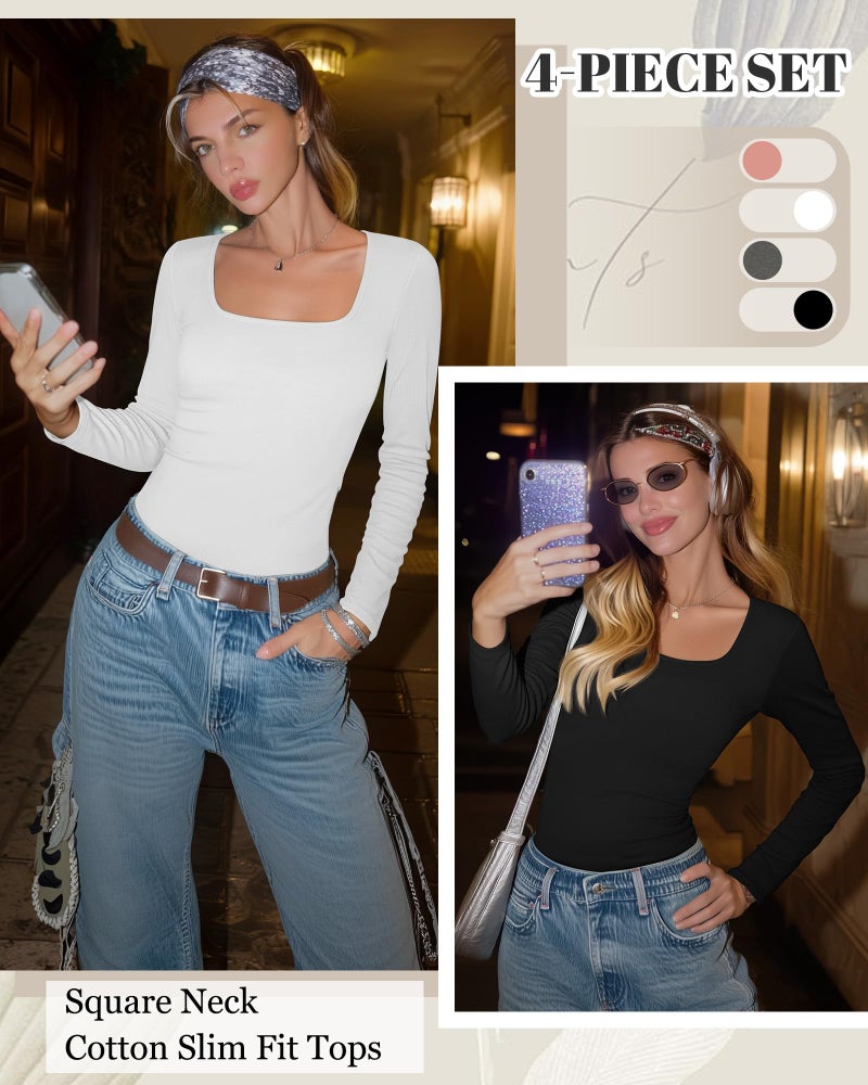 Riyiper 4 Pack Women's Square Neck Long Sleeve Tops Going Out Slim Fit Shirts Tight Layer Basic Tee 2026 Winter(Black, White, Marble Gray, Coral Pink,Medium) - Image 4