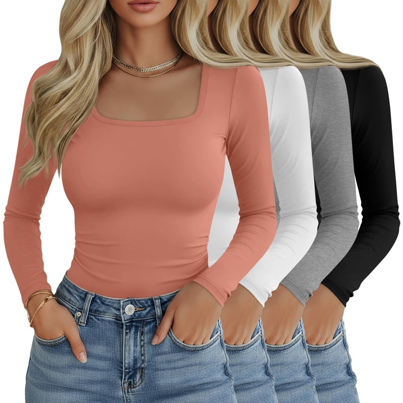 Riyiper 4 Pack Women's Square Neck Long Sleeve Tops Going Out Slim Fit Shirts Tight Layer Basic Tee 2026 Winter(Black, White, Marble Gray, Coral Pink,Medium) - Image 1