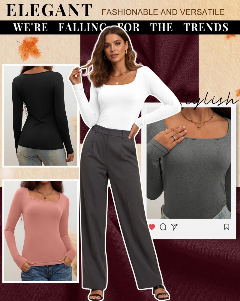 Riyiper 4 Pack Women's Square Neck Long Sleeve Tops Going Out Slim Fit Shirts Tight Layer Basic Tee 2026 Winter(Black, White, Marble Gray, Coral Pink,Medium) - Image 5
