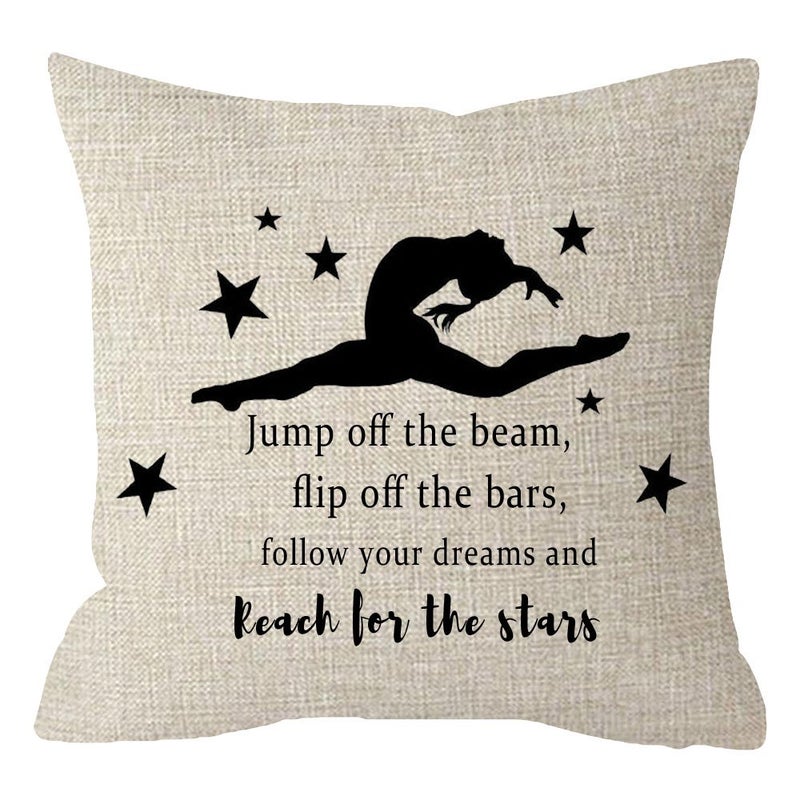 Girls Bedroom Gymnastics Gift Stars Jump Off The Beam flip Off The Bars Follow Your Dreams Couch Sofa Decorative Body Beige Cotton Linen Throw Pillow Case Cushion Cover Square 18 inches