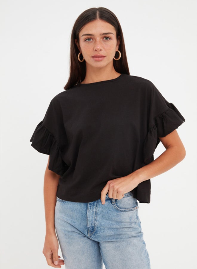 trendyol Black 100% Cotton Ruffle Detailed Basic Crew Neck Knitted T-Shirt TWOSS22TS2429 - Image 3