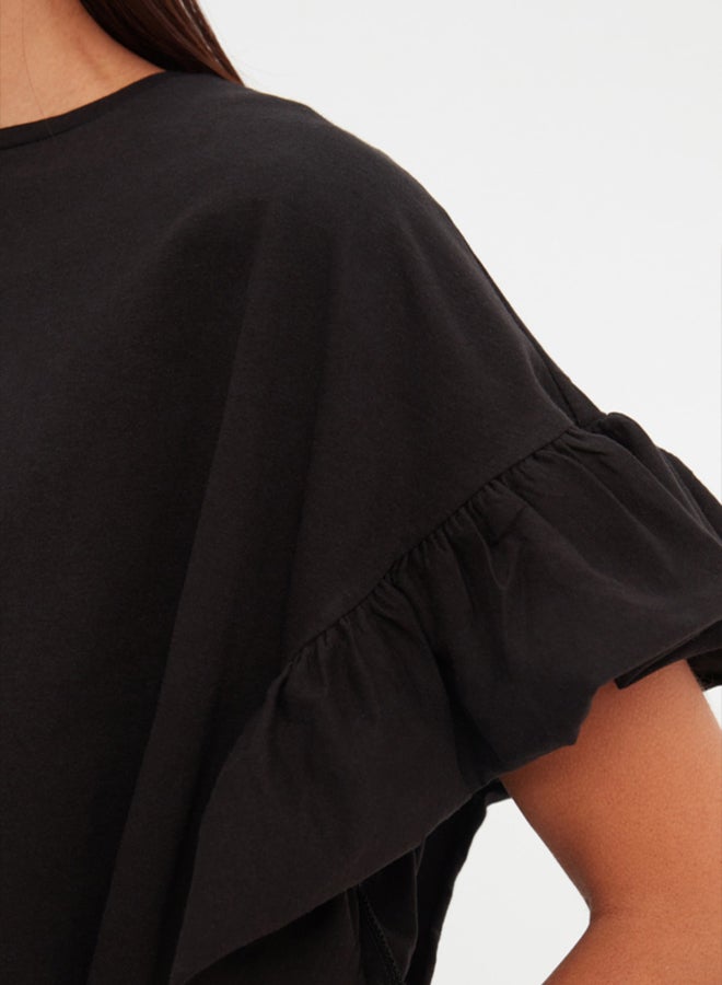 trendyol Black 100% Cotton Ruffle Detailed Basic Crew Neck Knitted T-Shirt TWOSS22TS2429 - Image 4