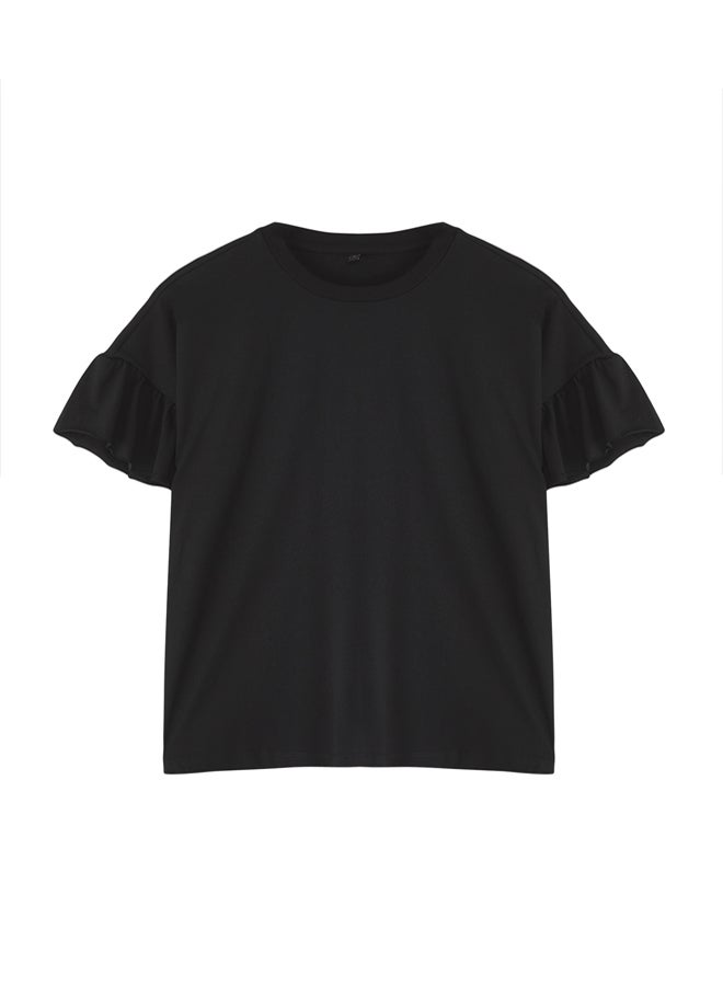 trendyol Black 100% Cotton Ruffle Detailed Basic Crew Neck Knitted T-Shirt TWOSS22TS2429 - Image 5