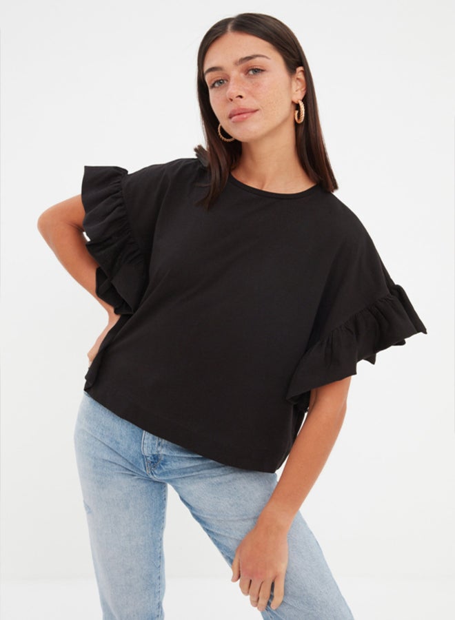 trendyol Black 100% Cotton Ruffle Detailed Basic Crew Neck Knitted T-Shirt TWOSS22TS2429 - Image 2