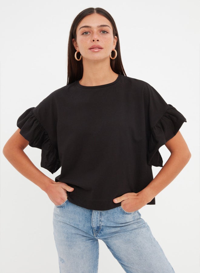 trendyol Black 100% Cotton Ruffle Detailed Basic Crew Neck Knitted T-Shirt TWOSS22TS2429 - Image 1