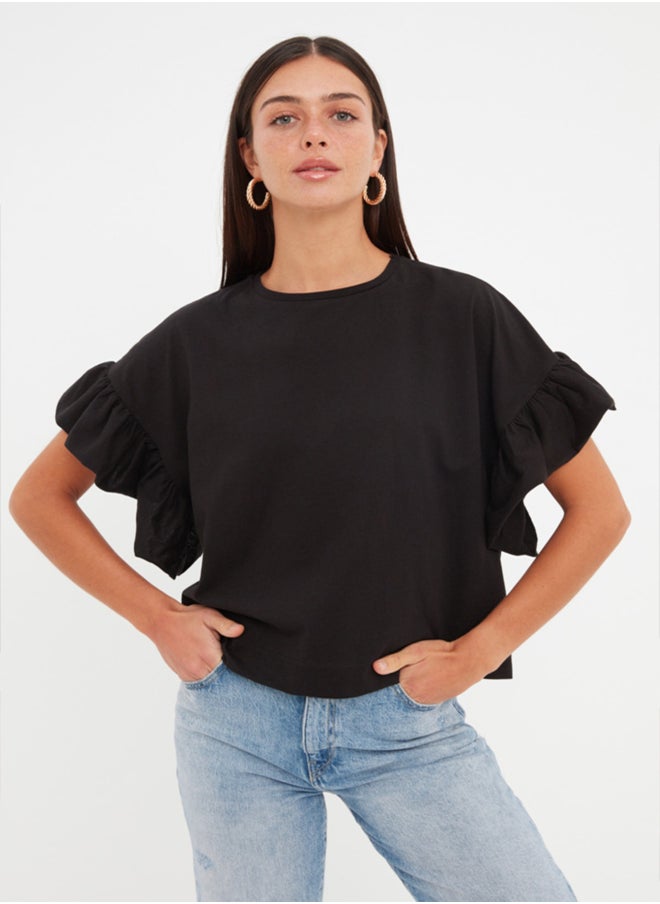 trendyol - Black 100% Cotton Ruffle Detailed Basic Crew Neck Knitted T-Shirt TWOSS22TS2429 - Image 1