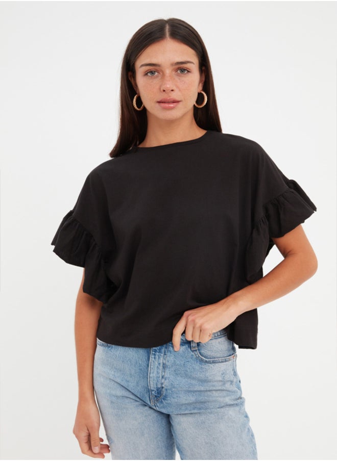trendyol - Black 100% Cotton Ruffle Detailed Basic Crew Neck Knitted T-Shirt TWOSS22TS2429 - Image 1