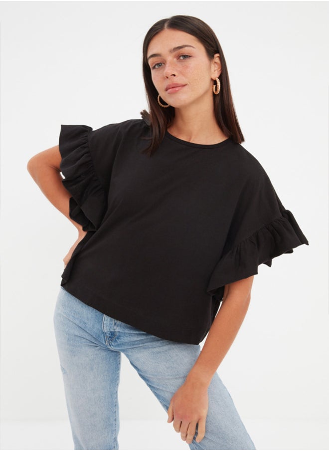 trendyol - Black 100% Cotton Ruffle Detailed Basic Crew Neck Knitted T-Shirt TWOSS22TS2429 - Image 1