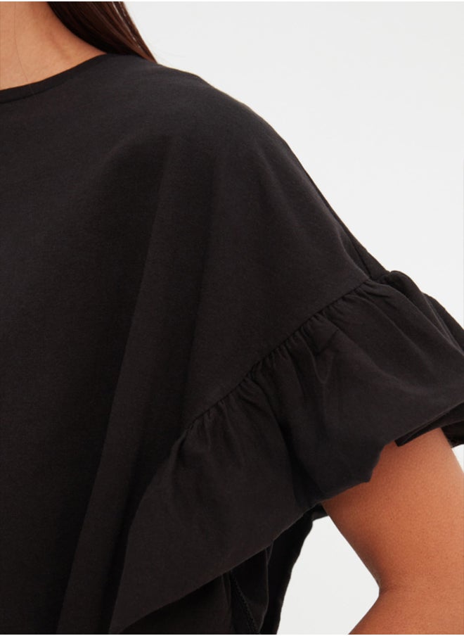 trendyol - Black 100% Cotton Ruffle Detailed Basic Crew Neck Knitted T-Shirt TWOSS22TS2429 - Image 1