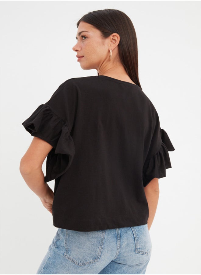 trendyol - Black 100% Cotton Ruffle Detailed Basic Crew Neck Knitted T-Shirt TWOSS22TS2429 - Image 1