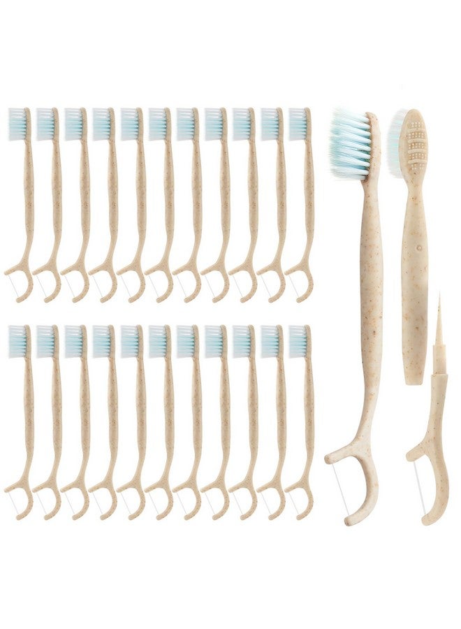 NUDUKO Travel Toothbrush Dental Floss Picks - 4 in 1 Biodegradable Disposable Toothbrushes with Tongue Scraper, Eco-Friendly Individually Wrapped Toothbrush for Adult Kids Travel Oral Care, 40 Pack - Image 1