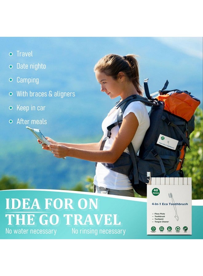 NUDUKO Travel Toothbrush Dental Floss Picks - 4 in 1 Biodegradable Disposable Toothbrushes with Tongue Scraper, Eco-Friendly Individually Wrapped Toothbrush for Adult Kids Travel Oral Care, 40 Pack - Image 4