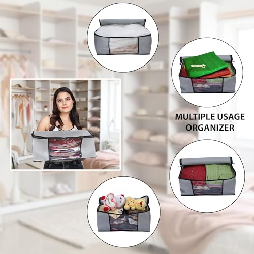 JEYANG Non Woven Saree Cover And Cloth Organizer with Clear Window for Wardrobe Storage for Towels, Bedsheets, Clothes, Sarees And Lehenga (Grey, Pack of 6) - Image 5