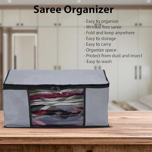 JEYANG Non Woven Saree Cover And Cloth Organizer with Clear Window for Wardrobe Storage for Towels, Bedsheets, Clothes, Sarees And Lehenga (Grey, Pack of 6) - Image 3