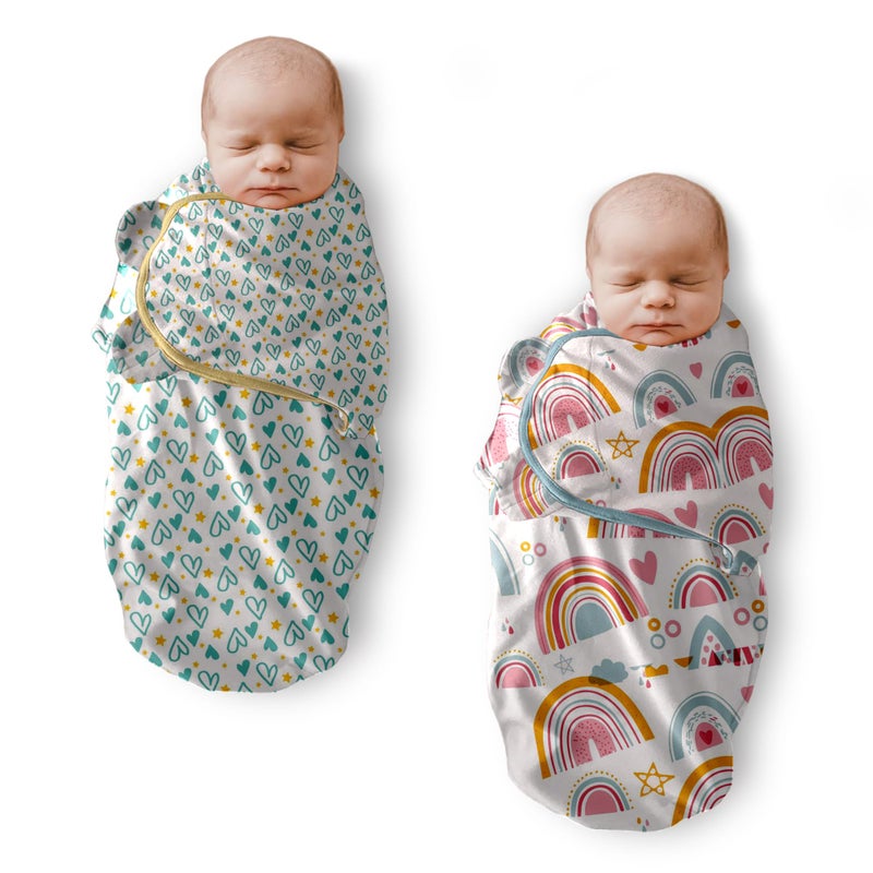 POLKA TOTS Cotton New Born Rainbow & Heart Print Swaddle Wrap with Cap, Soft & Breathable, Adjustable Velcro, Secure Fit for Infant Comfort, Ideal for Baby Showers & Daily Use (Pack of 2) - Image 1