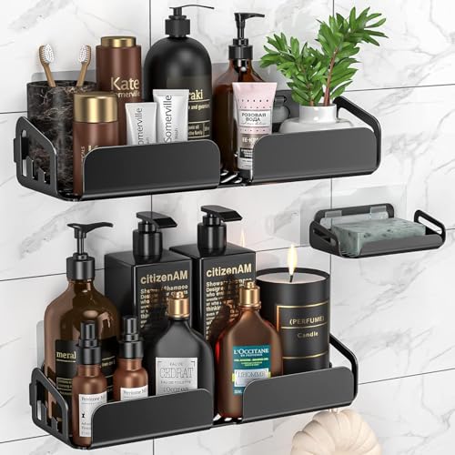 JIALTO 3 in 1 Self-Adhesive Bathroom Organizer Without Drill | Stainless Steel Corner Shelf with Soap Holder | Wall Mounted Bathroom Storage Rack (Black) - Image 1