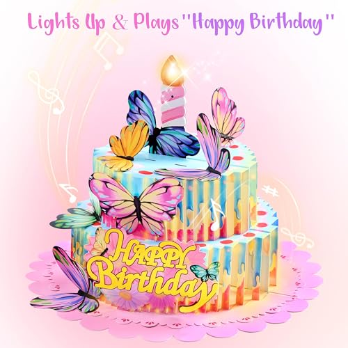 Airpark Birthday Cards with Music Light 3D Pop Up Cake and Butterflies Happy Birthday Card with DIY Age Number Inserts Birthday Gifts for Women Her Daughter Sister Kids Pink - Image 3