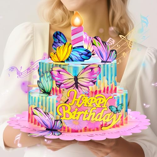 Airpark Birthday Cards with Music Light 3D Pop Up Cake and Butterflies Happy Birthday Card with DIY Age Number Inserts Birthday Gifts for Women Her Daughter Sister Kids Pink - Image 1