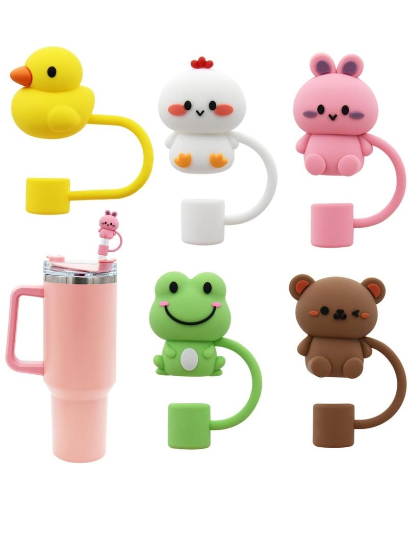 BIGTHREE Straw Cover Cap for Stanley Cup, 5 Pcs Silicone Straw Topper Compatible with 30&40 Oz Tumbler with Handle, 10mm 0.4in Dust-Proof Reusable Straw Tips Lids (Animal Shape) - Image 1