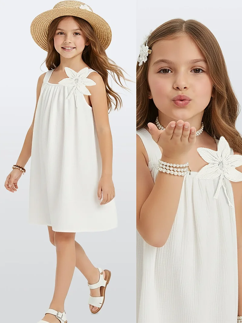 Denokids 3D Flower Girls White Cotton Spring Summer Dress