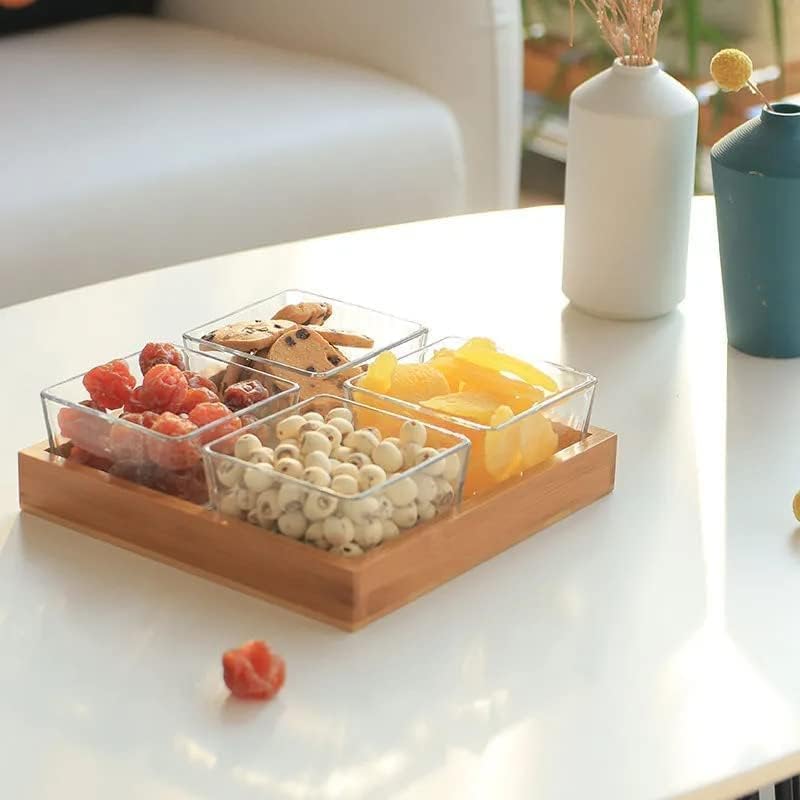ConvertKitchen Square Glass Bowls Set with Wood TrayCondiment Dishes Serving Bowls Buffet Server 4 Pcs Bowl1 Wooden Tray - Image 2